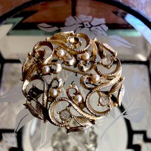 Gold and Cream Baroque Brooch with Intricate Scrollwork